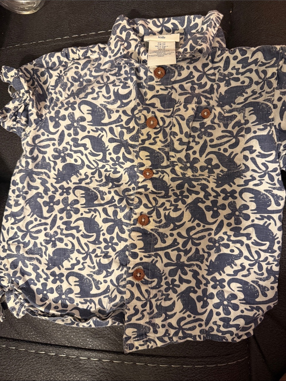 Caribbean Joe Kids Navy and White Floral/Dino Short Sleeve Dress Shirt